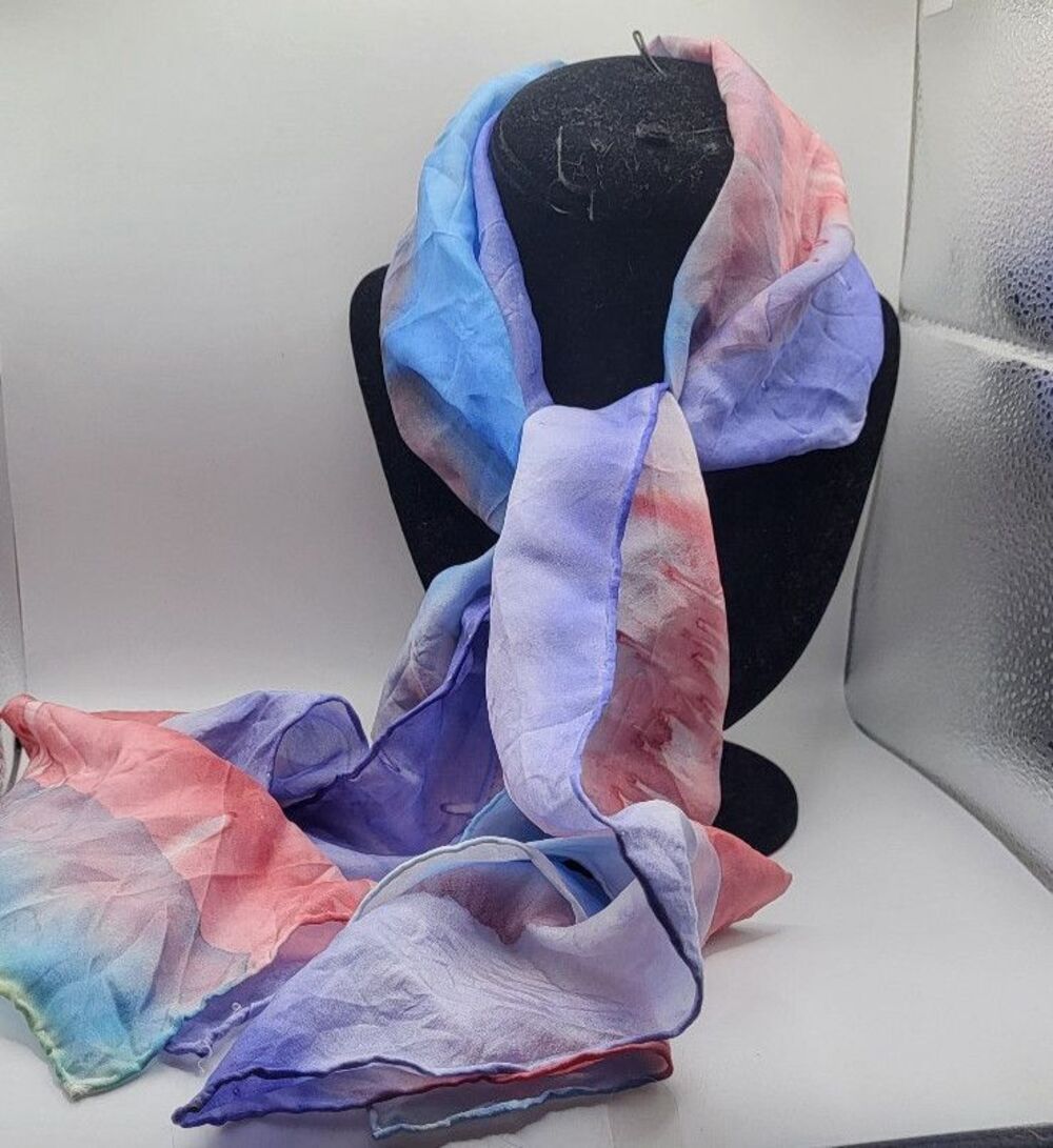 Hand-Dyed 100% Pure Silk Scarf Watercolor Pastel Blue Lavender Pink Long 51" 7.5